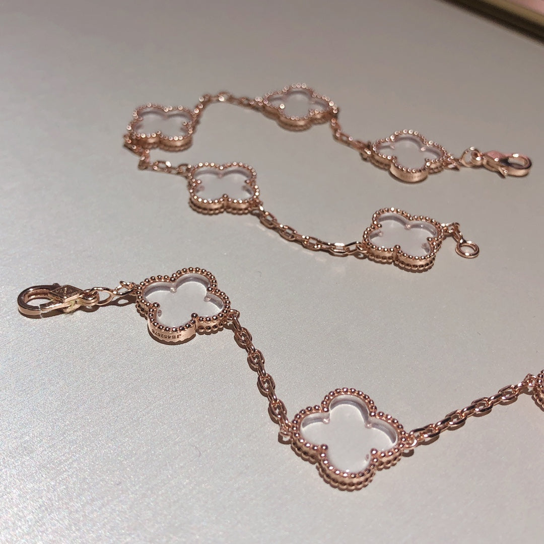 [basloveJW]CLOVER 5 MOTIF ROCK CRYSTAL PINK GOLD BRACELET