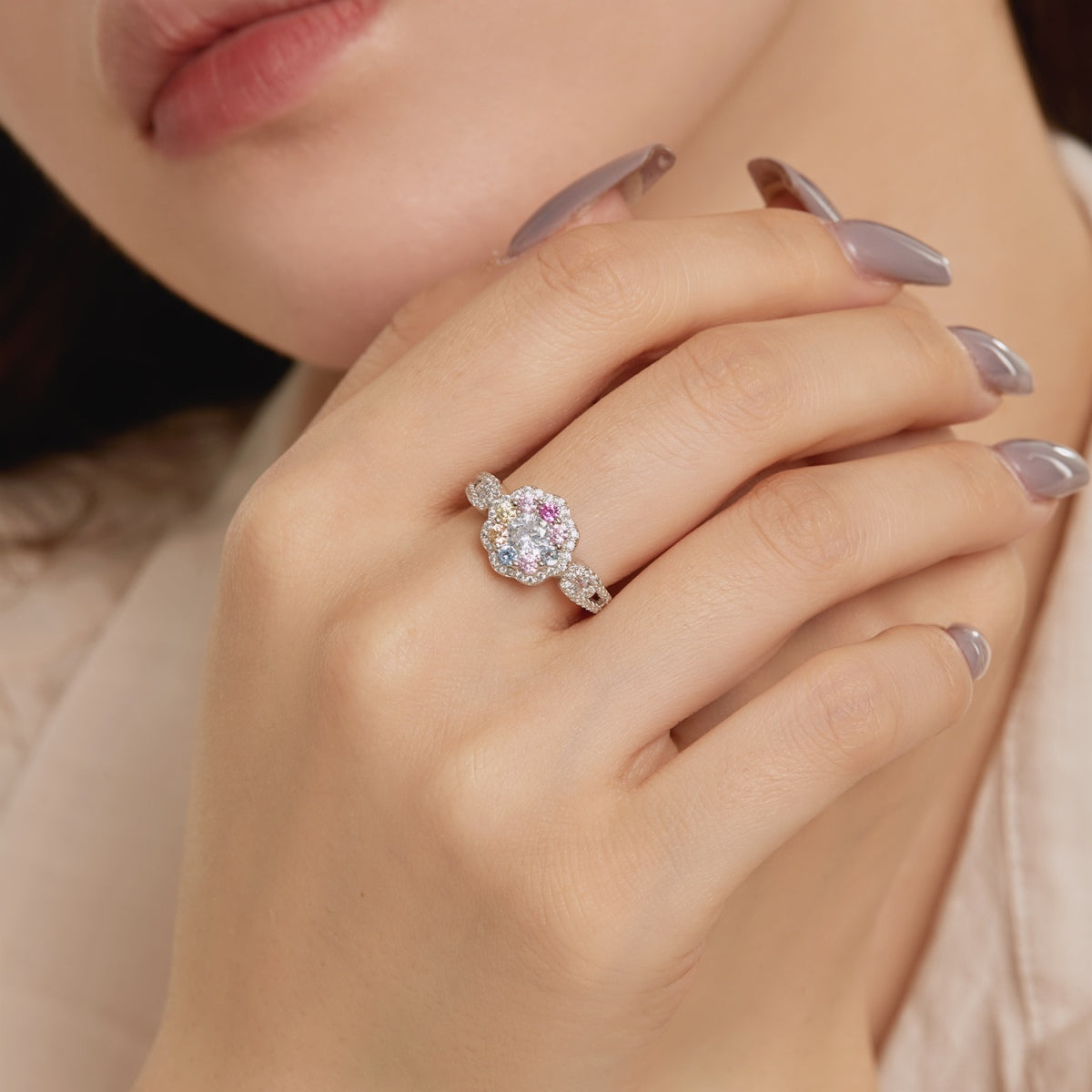 [BASLOVE]Delicate Colorful Round Cut Flower Shape Wedding Ring