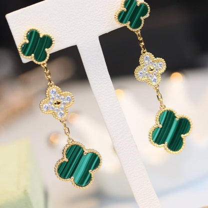 [basloveJW]CLOVER EARRINGS GOLD MALACHITE DIAMOND 3 MOTIF