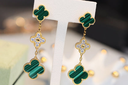 [basloveJW]CLOVER EARRINGS GOLD MALACHITE DIAMOND 3 MOTIF