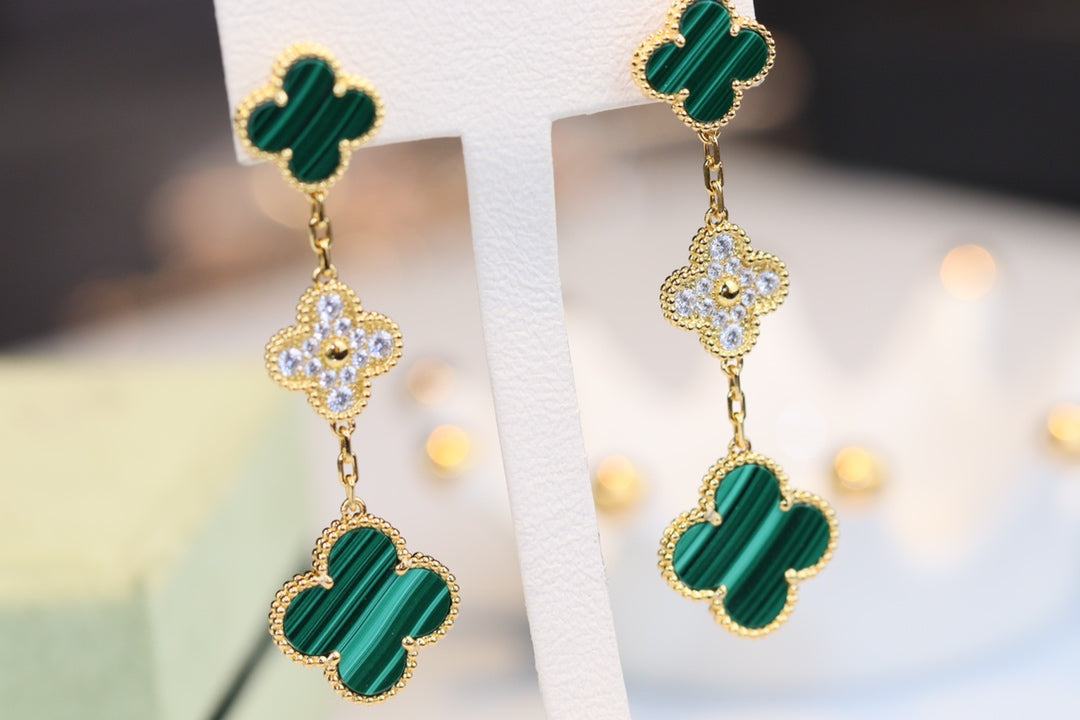 [basloveJW]CLOVER EARRINGS GOLD MALACHITE DIAMOND 3 MOTIF