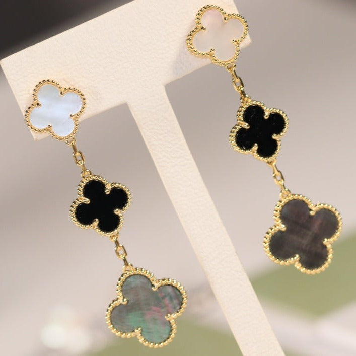 [basloveJW]CLOVER EARRINGS GOLD ONYX MOP 3 MOTIF