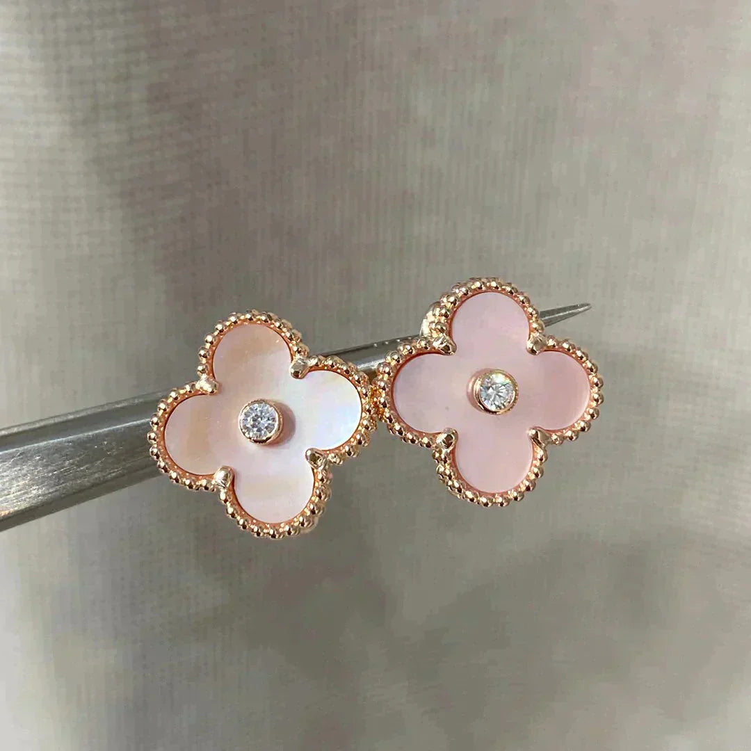 [basloveJW]CLOVER MEDIUM 1 MOTIFS  PINK MOP DIAMOND EARRINGS