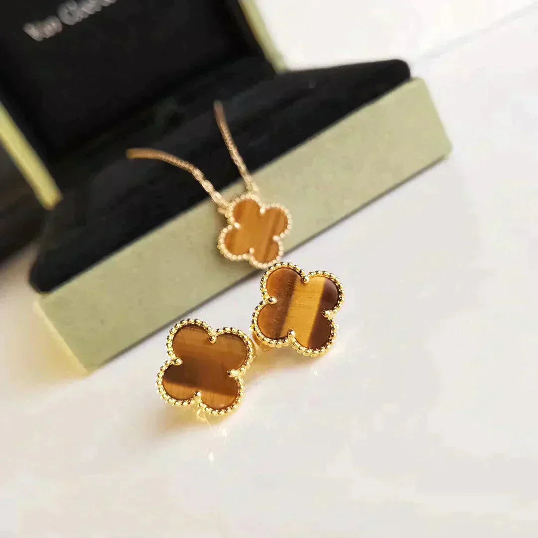 [basloveJW]CLOVER MEDIUM 1 MOTIFS TIGER EYE EARRINGS