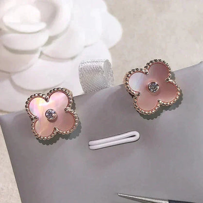 [basloveJW]CLOVER MEDIUM 1 MOTIFS  PINK MOP DIAMOND EARRINGS