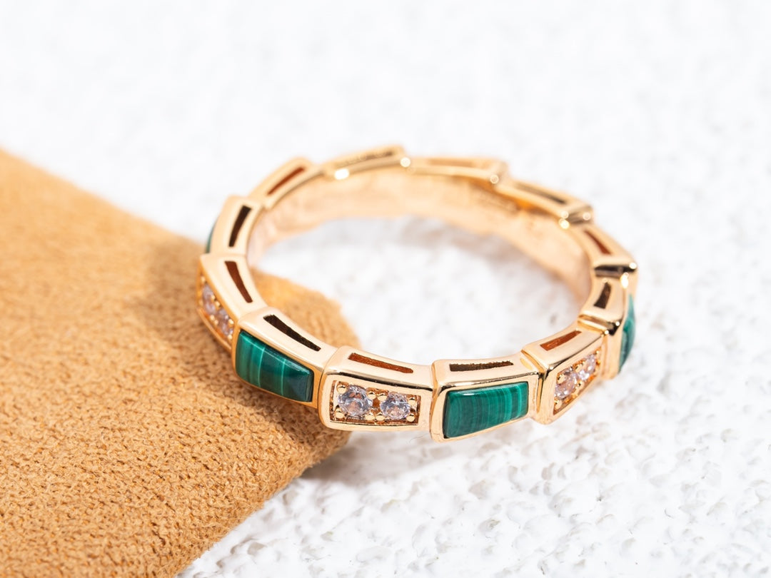 [Basjewels]SERPENTI RING PINK GOLD MALACHITE DIAMOND 3MM