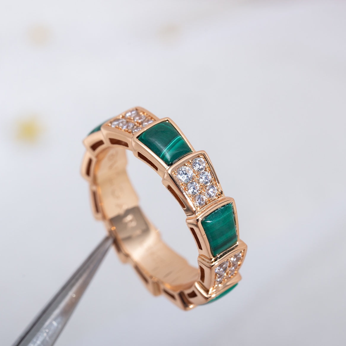 [Basjewels]SERPENTI RING PINK GOLD MALACHITE DIAMOND PAVED 4MM