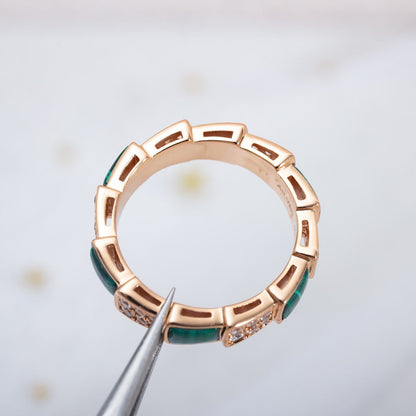 [Basjewels]SERPENTI RING PINK GOLD MALACHITE DIAMOND PAVED 4MM