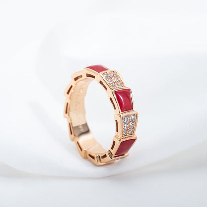 [Basjewels]SERPENTI RING PINK GOLD CARNELIAN DIAMOND PAVED 4MM