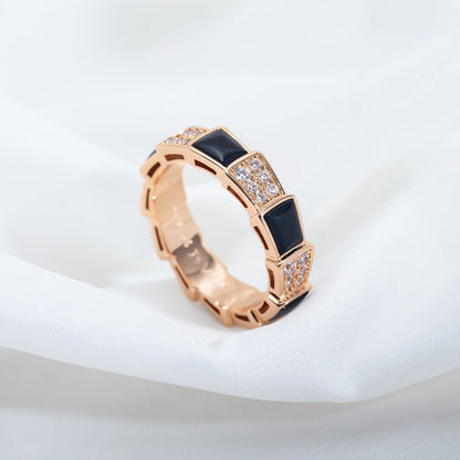 [Basjewels]SERPENTI RING PINK GOLD BLACK MOP DIAMOND PAVED 4MM