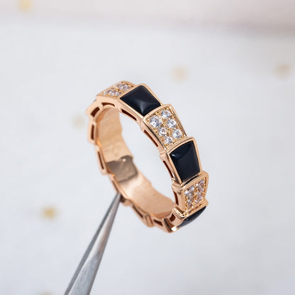 [Basjewels]SERPENTI RING PINK GOLD BLACK MOP DIAMOND PAVED 4MM