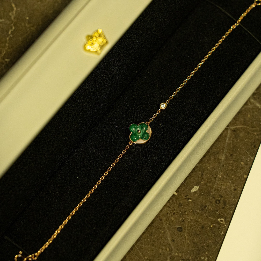 [Basjewels]SUN MALACHITE 1 DIAMOND PINK GOLD BRACELET