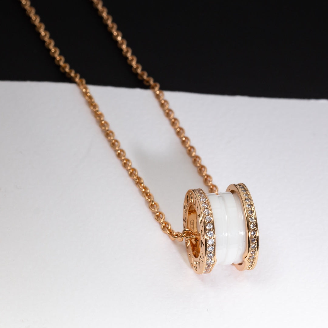 [Basjewels]ZERO 1 WHITE CERAMIC PINK GOLD DIAMOND NECKLACE