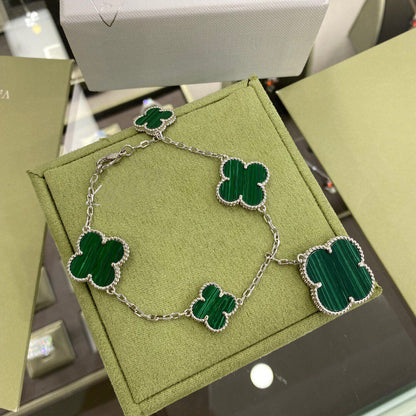 [basloveJW]CLOVER 5 MOTIFS SIVLER MALACHITE BRACELET