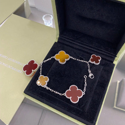 [basloveJW]CLOVER 5 MOTIFS SIVLER CARNELIAN TIGER EYE BRACELET