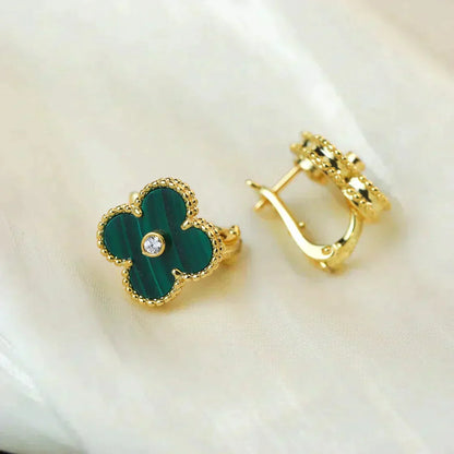 [basloveJW]CLOVER MEDIUM 1 MOTIFS MALACHITE DIAMOND EARRINGS