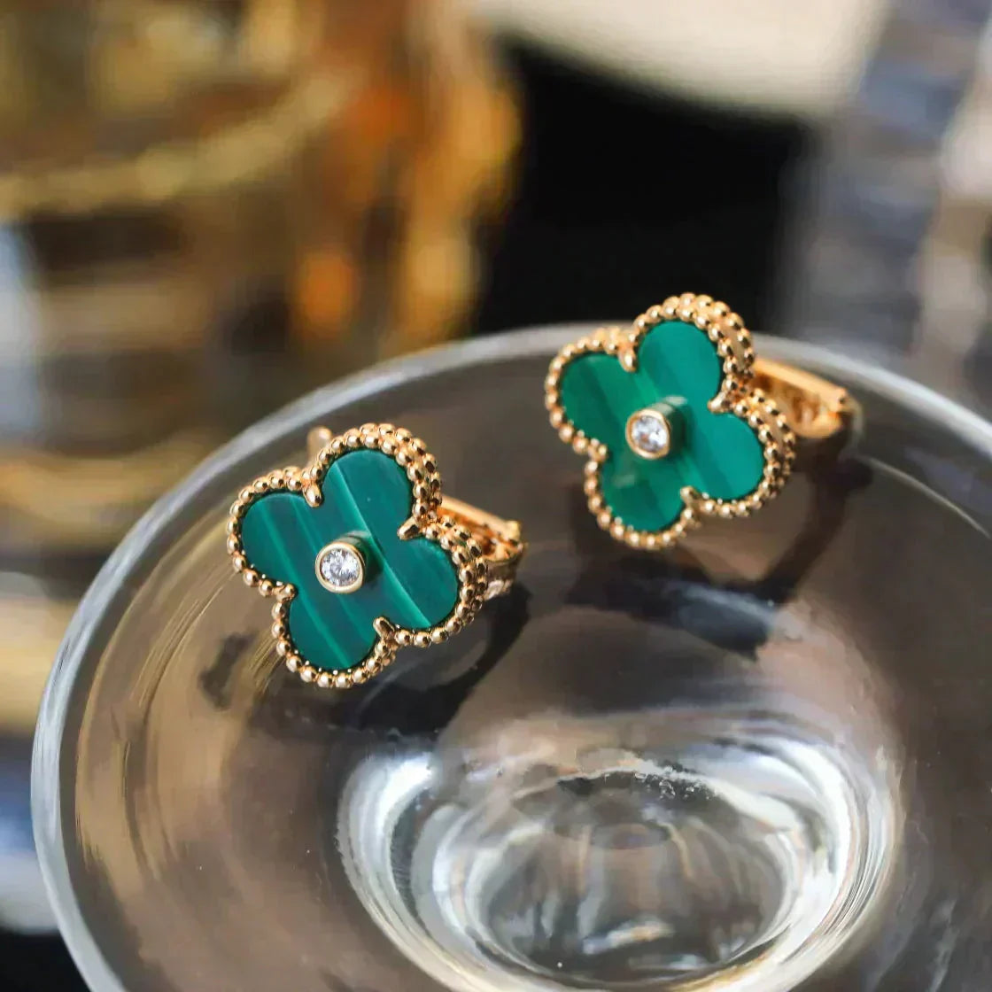 [basloveJW]CLOVER MEDIUM 1 MOTIFS MALACHITE DIAMOND EARRINGS