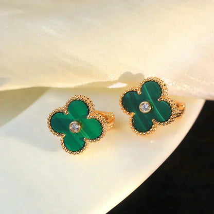 [basloveJW]CLOVER MEDIUM 1 MOTIFS MALACHITE DIAMOND EARRINGS