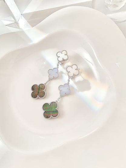 [basloveJW]CLOVER 3 MOTIFS CHALCEDONY DARK MOP SILVER EARRINGS