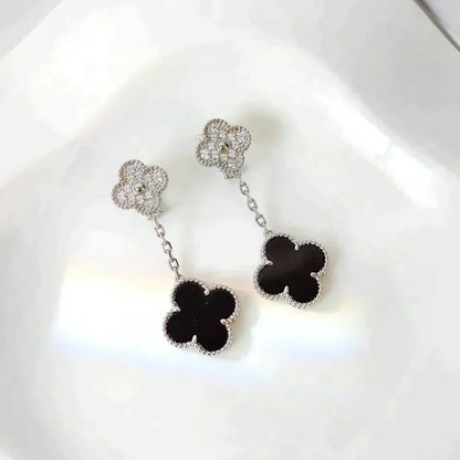 [basloveJW]CLOVER 2 MOTIFS  DIAMOND ONYX EARRINGS SILVER