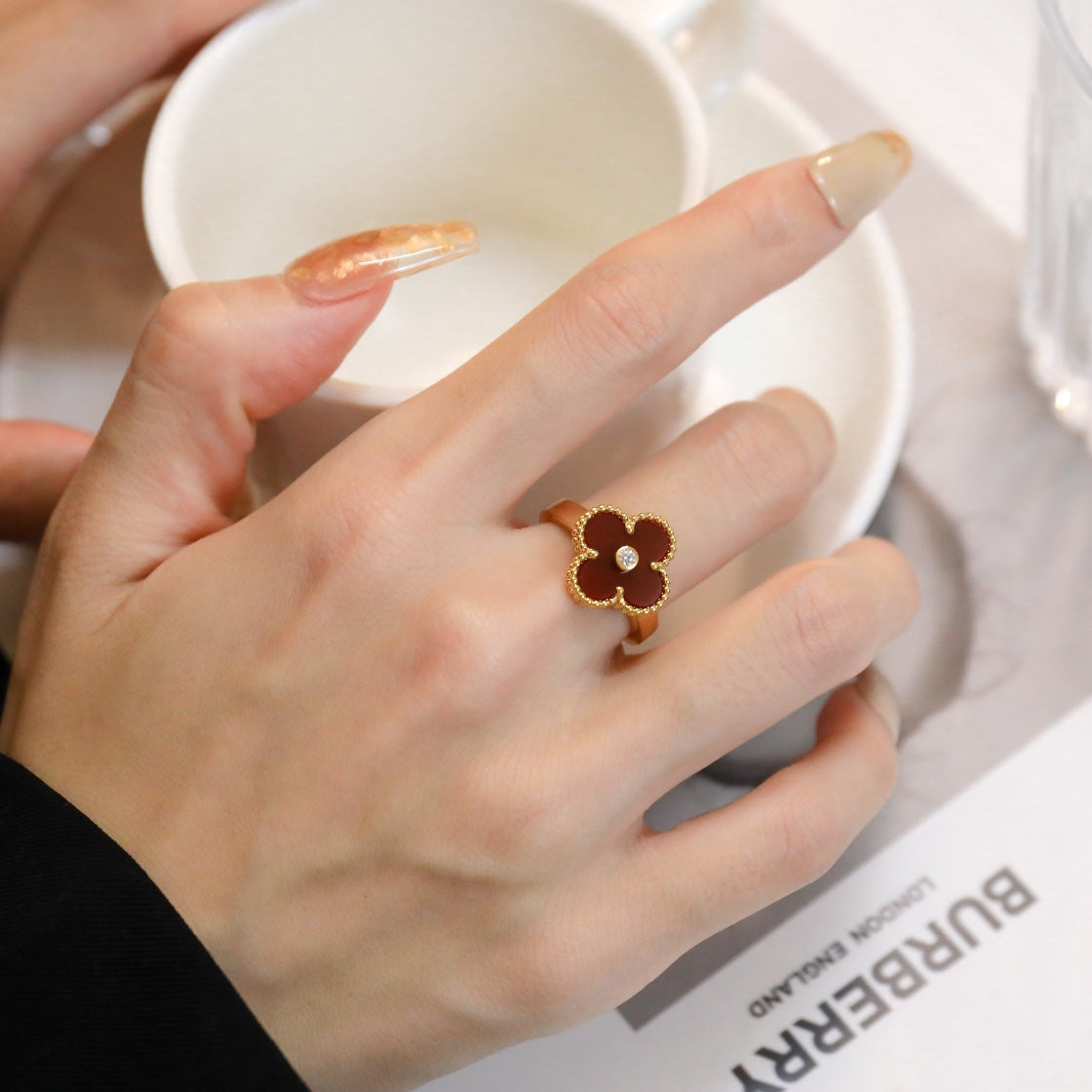 [basloveJW]CLOVER CARNELIAN RING ROSE GOLD DIAMOND