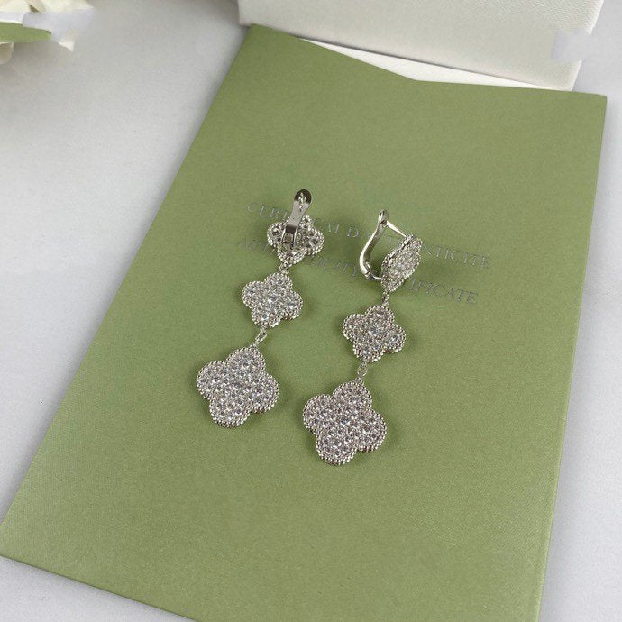 [basloveJW]CLOVER 3 MOTIF DIAMOND SILVER DROP EARRINGS