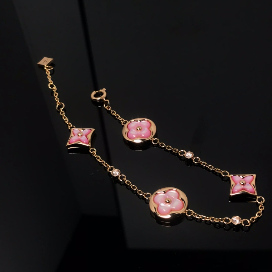 [Basjewels]STAR AND SUN 4 MOTIF PINK MOP PINK GOLD BRACELET