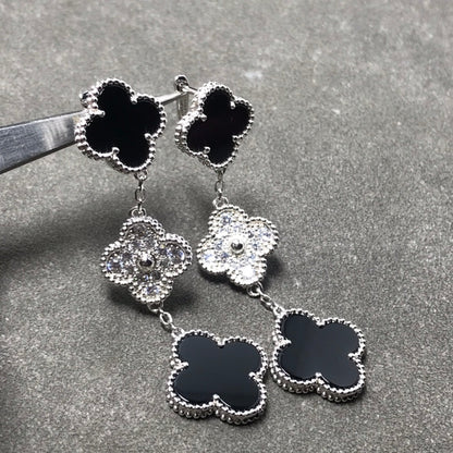 [basloveJW]CLOVER 3 MOTIF DIAMOND ONYX SILVER EARRINGS