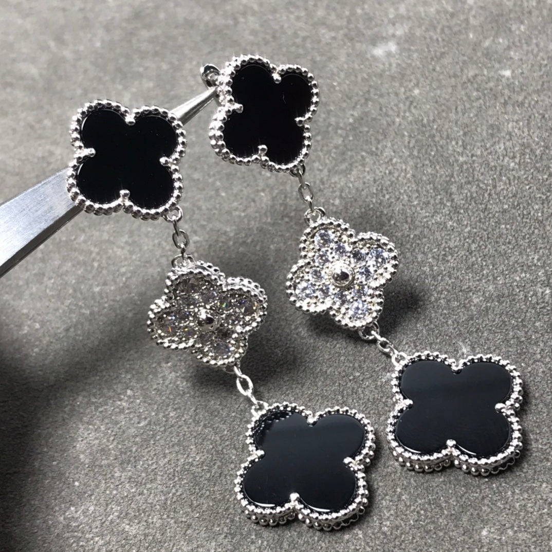 [basloveJW]CLOVER 3 MOTIF DIAMOND ONYX SILVER EARRINGS