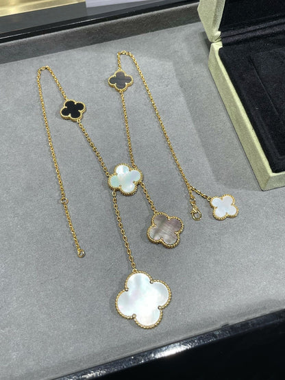 [basloveJW]CLOVER 6 MOTIF MOP ONYX GOLD NECKLACE