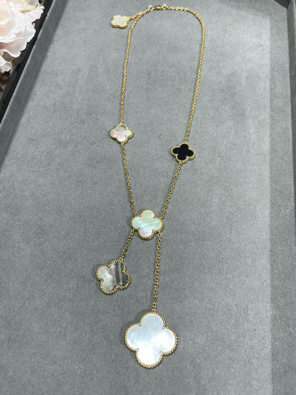 [basloveJW]CLOVER 6 MOTIF MOP ONYX GOLD NECKLACE