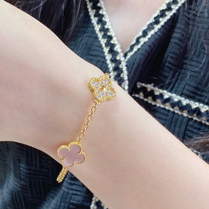 [basloveJW]CLOVER 5 MOTIF DIAMOND PINK MOP PINK GOLD BRACELET