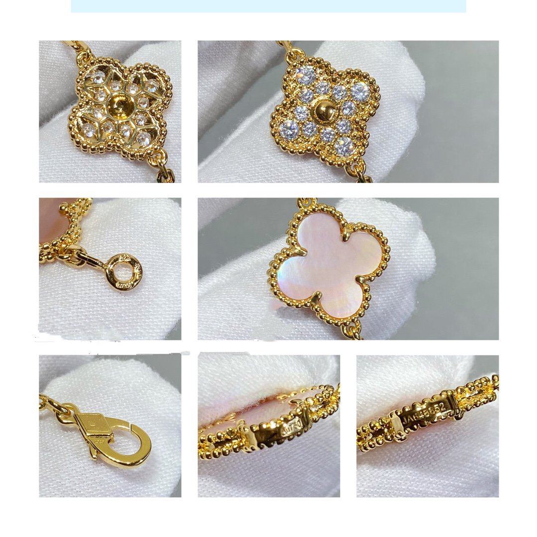 [basloveJW]CLOVER 5 MOTIF DIAMOND PINK MOP PINK GOLD BRACELET