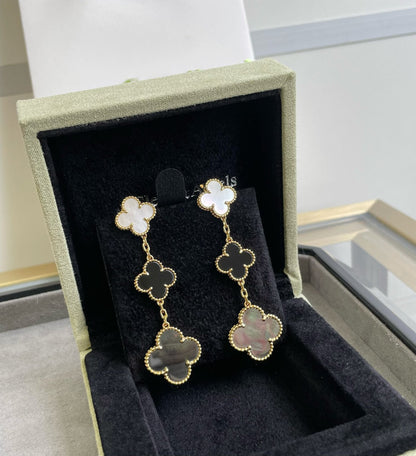 [basloveJW]CLOVER 3 MOTIF MOP ONYX DARK MOP PINK GOLD EARRINGS