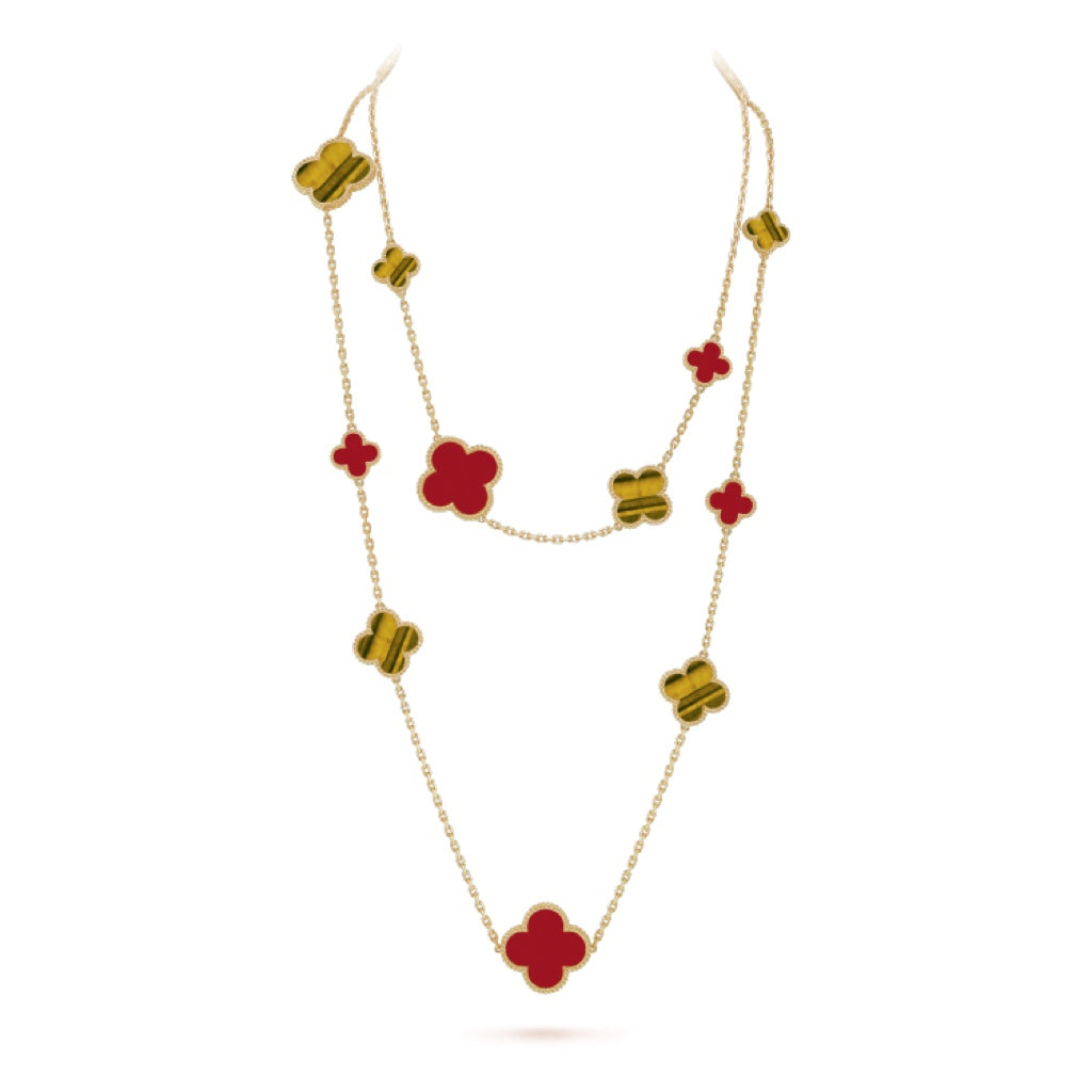 [basloveJW]CLOVER 16 MOTIF CARNELIAN TIGER EYE ROSE GOLD NECKLACE