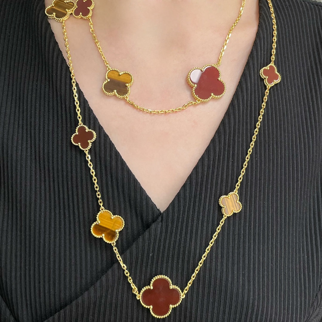 [basloveJW]CLOVER 16 MOTIF CARNELIAN TIGER EYE ROSE GOLD NECKLACE