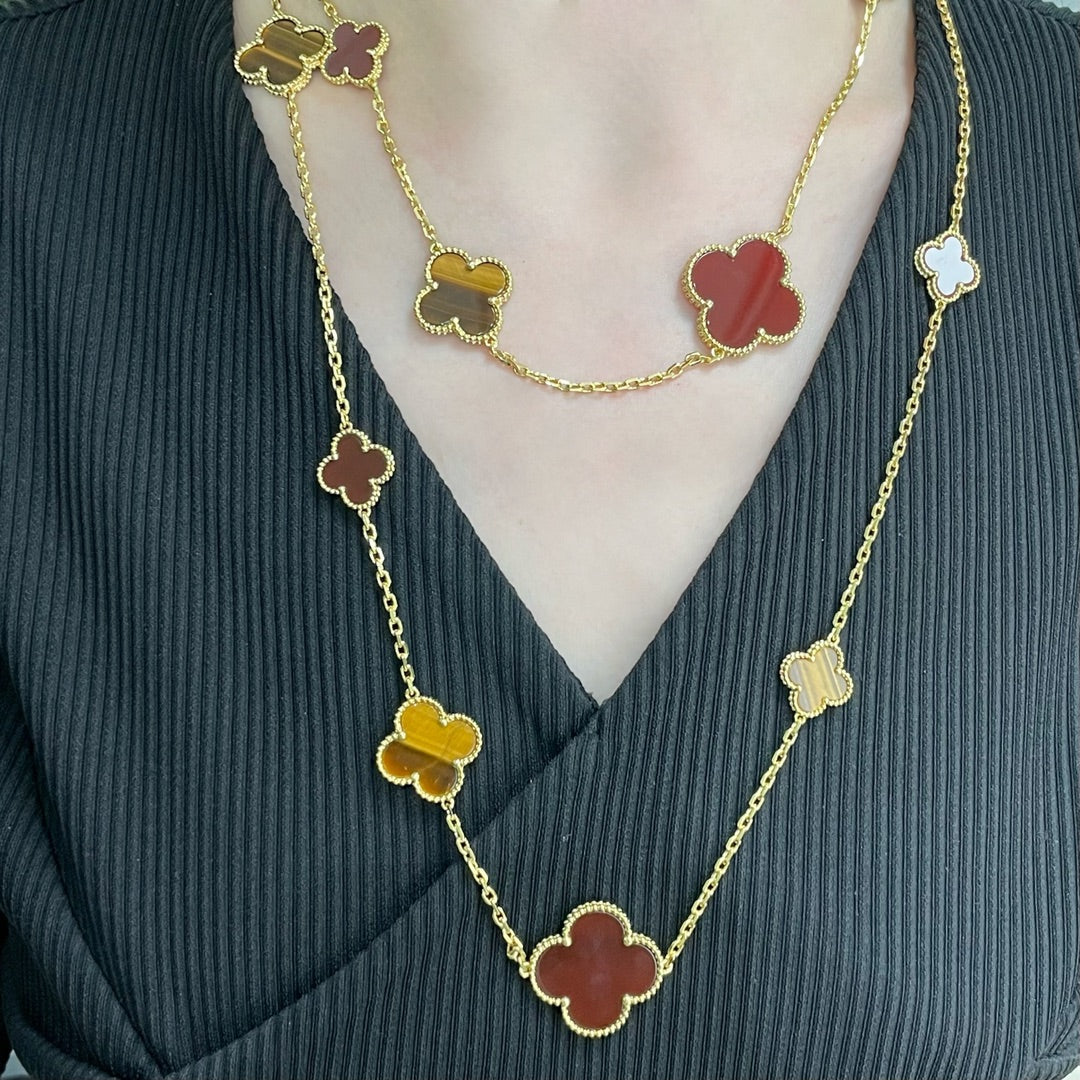 [basloveJW]CLOVER 16 MOTIF CARNELIAN TIGER EYE ROSE GOLD NECKLACE