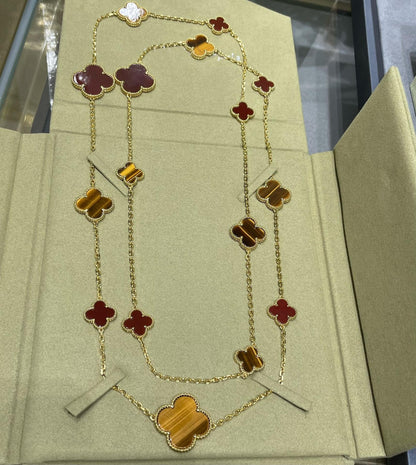 [basloveJW]CLOVER 16 MOTIF CARNELIAN TIGER EYE ROSE GOLD NECKLACE