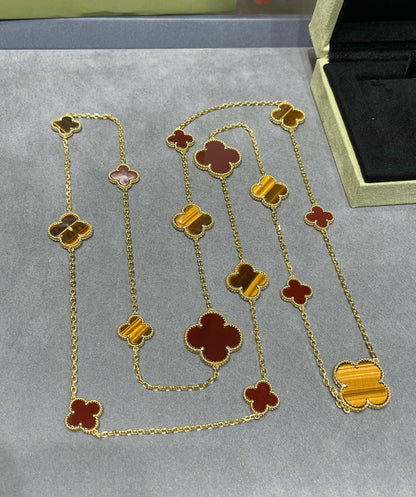 [basloveJW]CLOVER 16 MOTIF CARNELIAN TIGER EYE ROSE GOLD NECKLACE