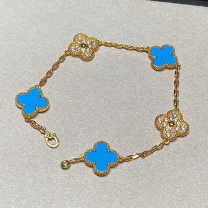 [basloveJW]CLOVER 5 MOTIF BLUE CHALCEDONY DIAMOND GOLD BRACELET