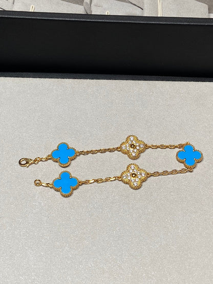 [basloveJW]CLOVER 5 MOTIF BLUE CHALCEDONY DIAMOND GOLD BRACELET