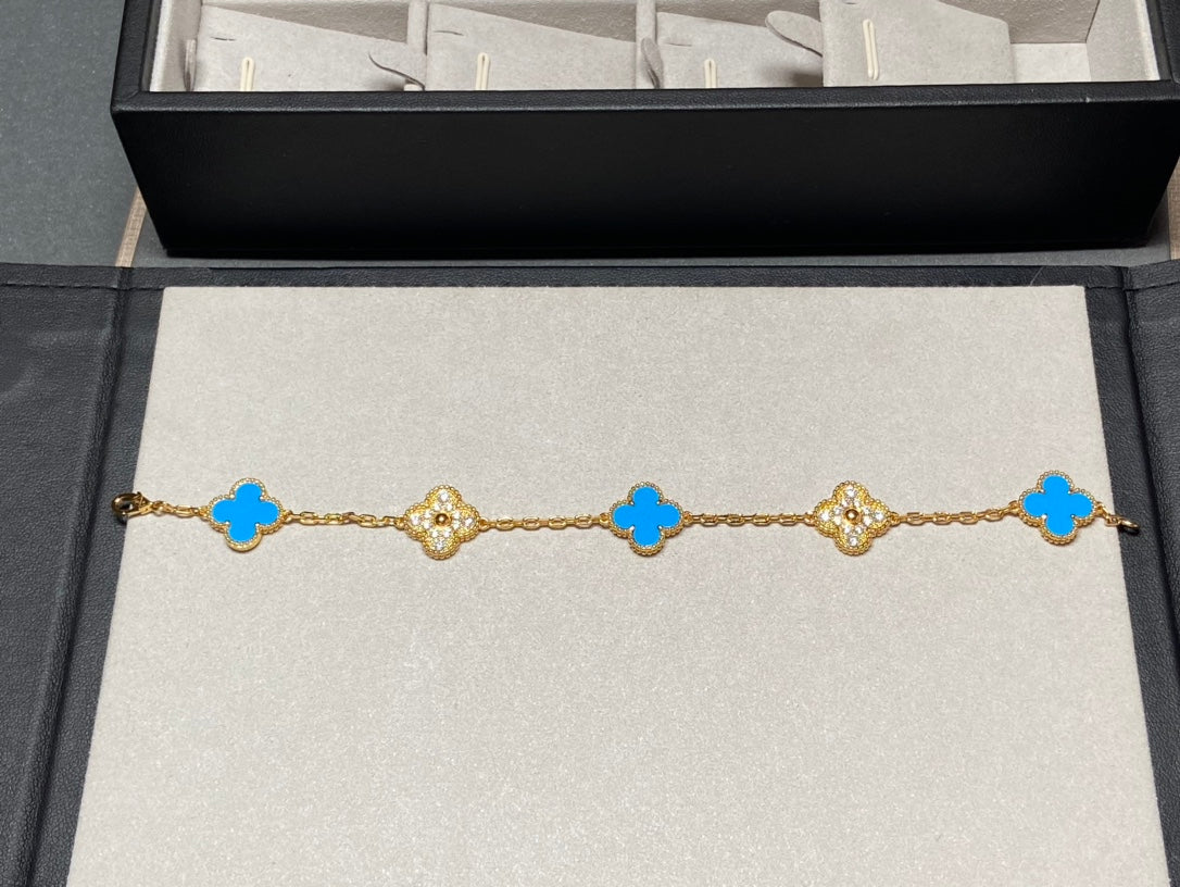 [basloveJW]CLOVER 5 MOTIF BLUE CHALCEDONY DIAMOND GOLD BRACELET