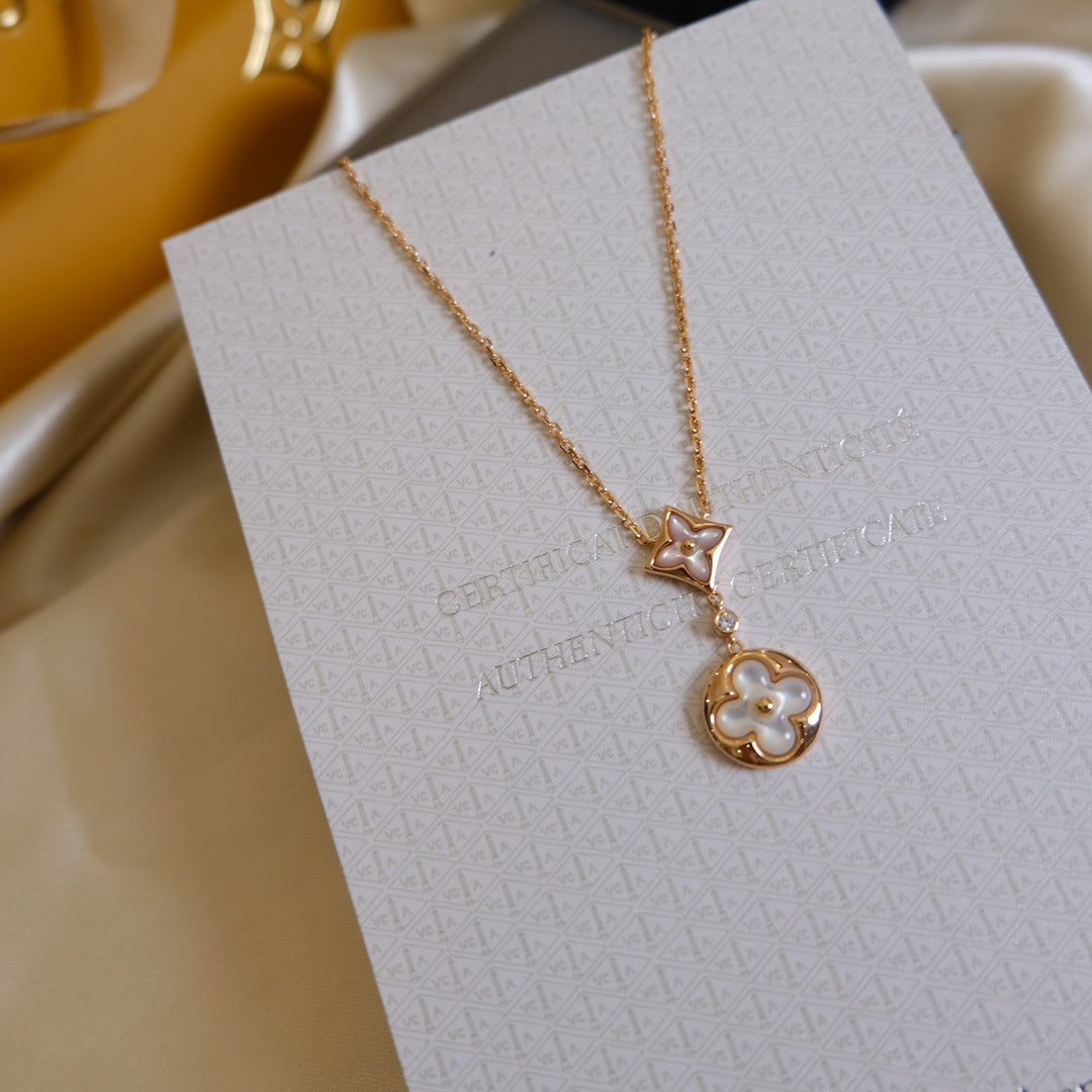 [Basjewels]STAR AND SUN WHITE MOP 2 MOTIF PINK GOLD NECKLACE