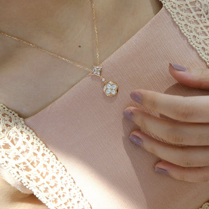 [Basjewels]STAR AND SUN WHITE MOP 2 MOTIF PINK GOLD NECKLACE