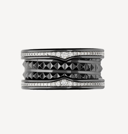 [Basjewels]ZERO 1 ROCK FOUR-BAND BLACK CERAMIC WITH STUDDED SPIRAL AND PAVED DIAMONDS RING