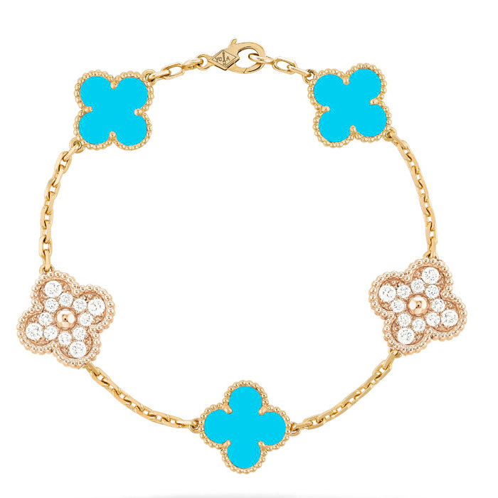 [basloveJW]CLOVER 5 MOTIF TURQUOISE DIAMOND GOLD BRACELET