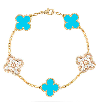 [basloveJW]CLOVER 5 MOTIF TURQUOISE DIAMOND GOLD BRACELET