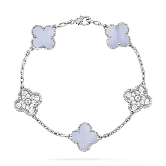 [basloveJW]CLOVER  5 MOTIF DIAMOND PURPLE CHALCEDONY BRACELET SILVER