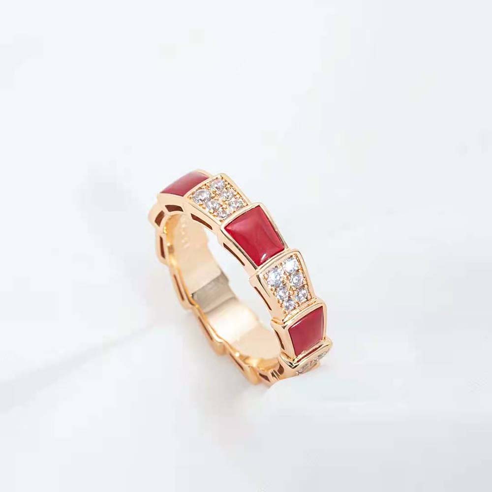 [Basjewels]SERPENTI RING PINK GOLD CARNELIAN DIAMOND PAVED 4MM