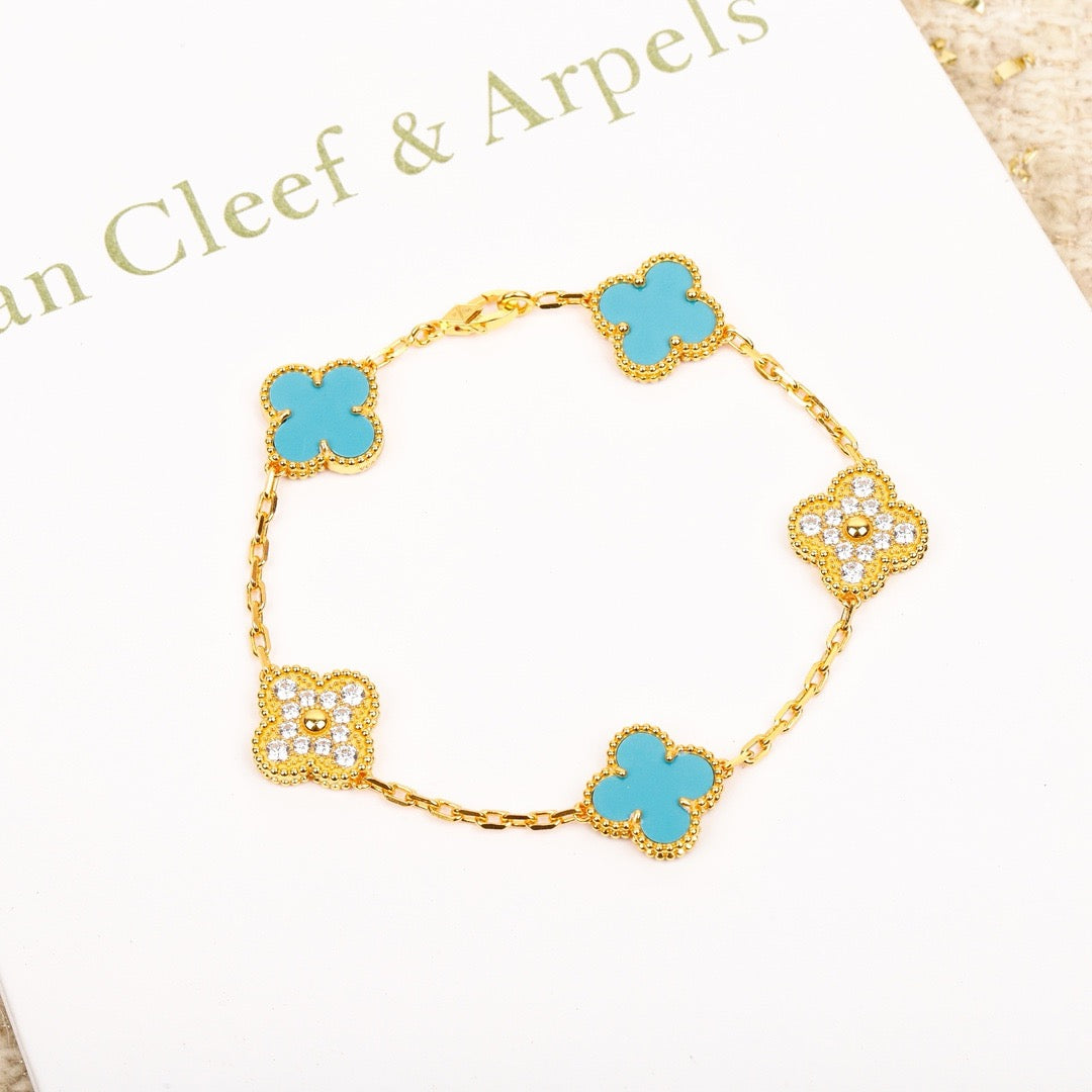 [basloveJW]CLOVER 5 MOTIF TURQUOISE DIAMOND GOLD BRACELET